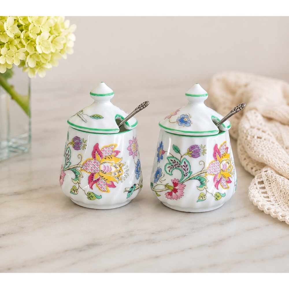 Minton Haddon Hall Bone China Condiment Jars Pots Jam Mustard Set 2 Made England